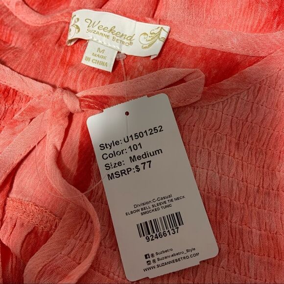 🆕 Suzanne Betro Tie Dye Tie Neck Smocked Tunic Blouse - Picture 7 of 9